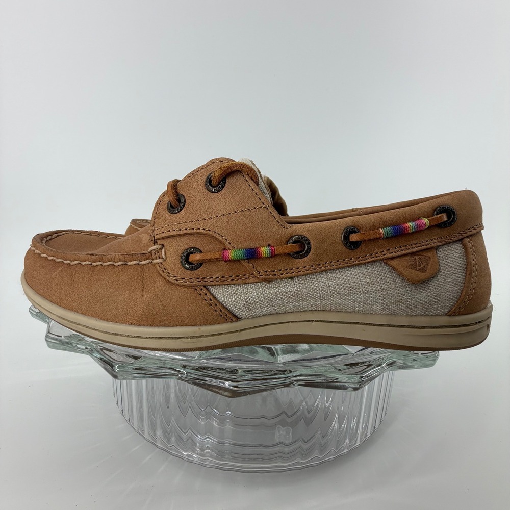 Sperry‎ Women's Tan Leather Canvas Boat Shoes 7M STS80728 Rainbow Detail